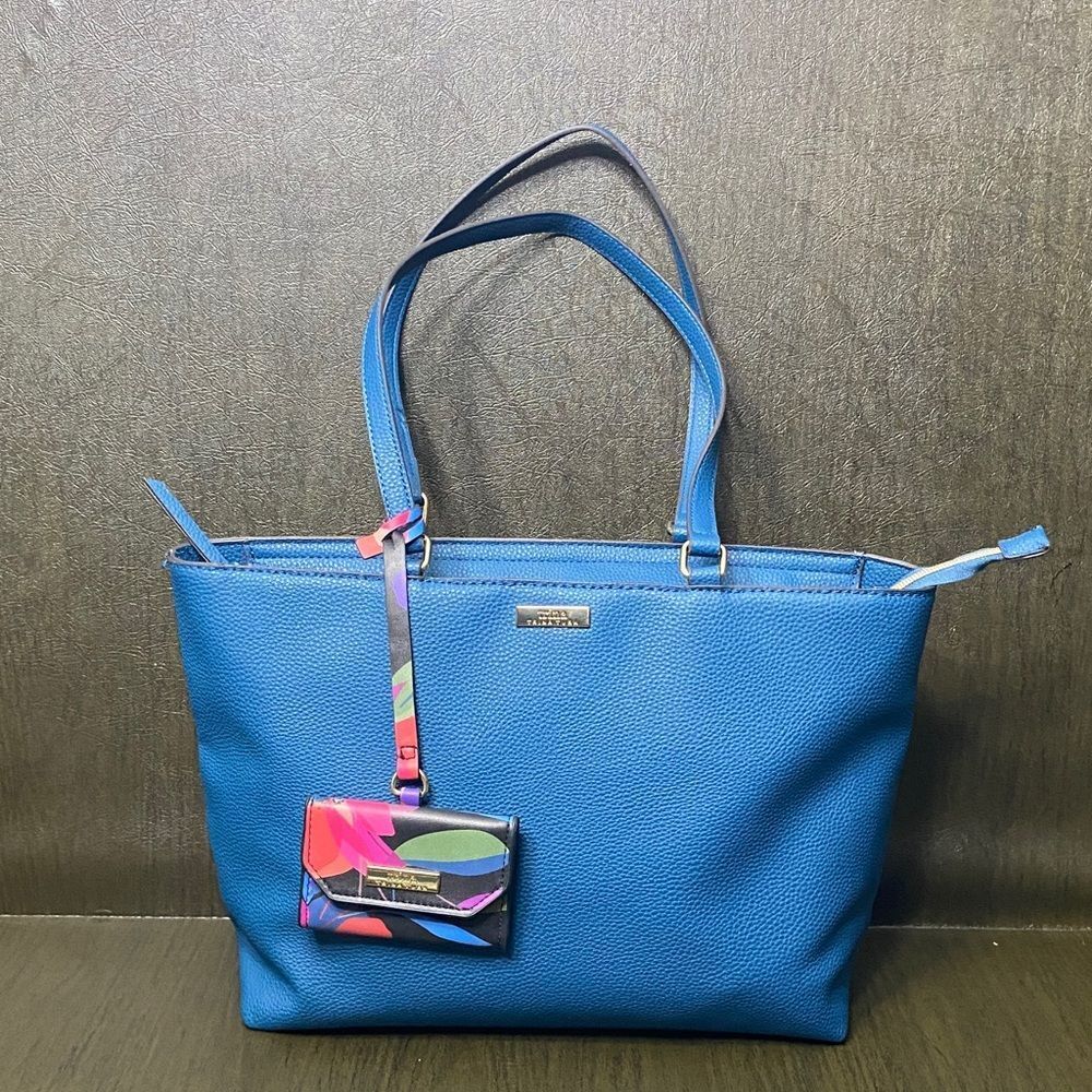 Trina Turk Blue Pebbled Faux Leather Tote/Purse Shoulder Bag with Colorful Pouch